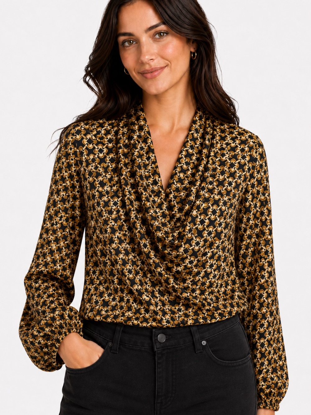 T Tahari Black and Gold Geometric Drape Neck Blouse